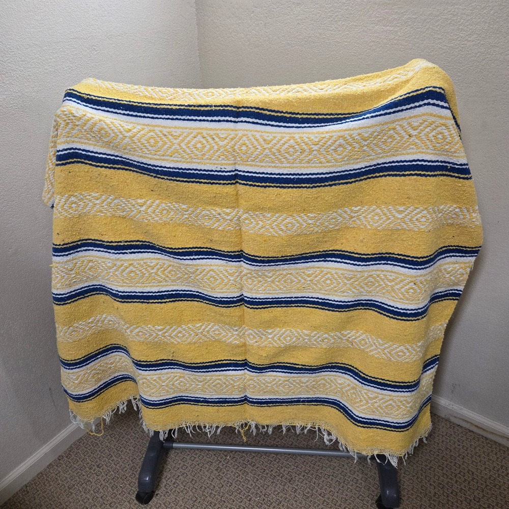 Yellow Blue White Mexican Falsa Blanket Woven Southwestern Serape Throw 50x80